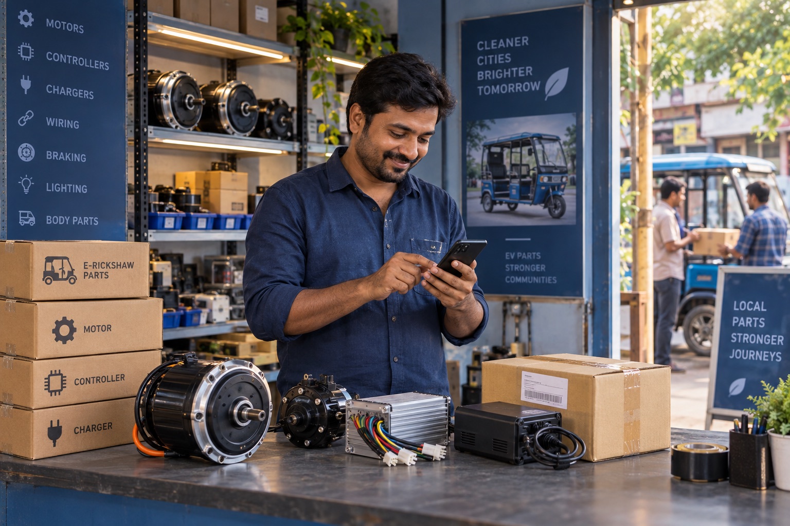 Illustration of a small EV parts seller checking an order beside motors and a delivery parcel.