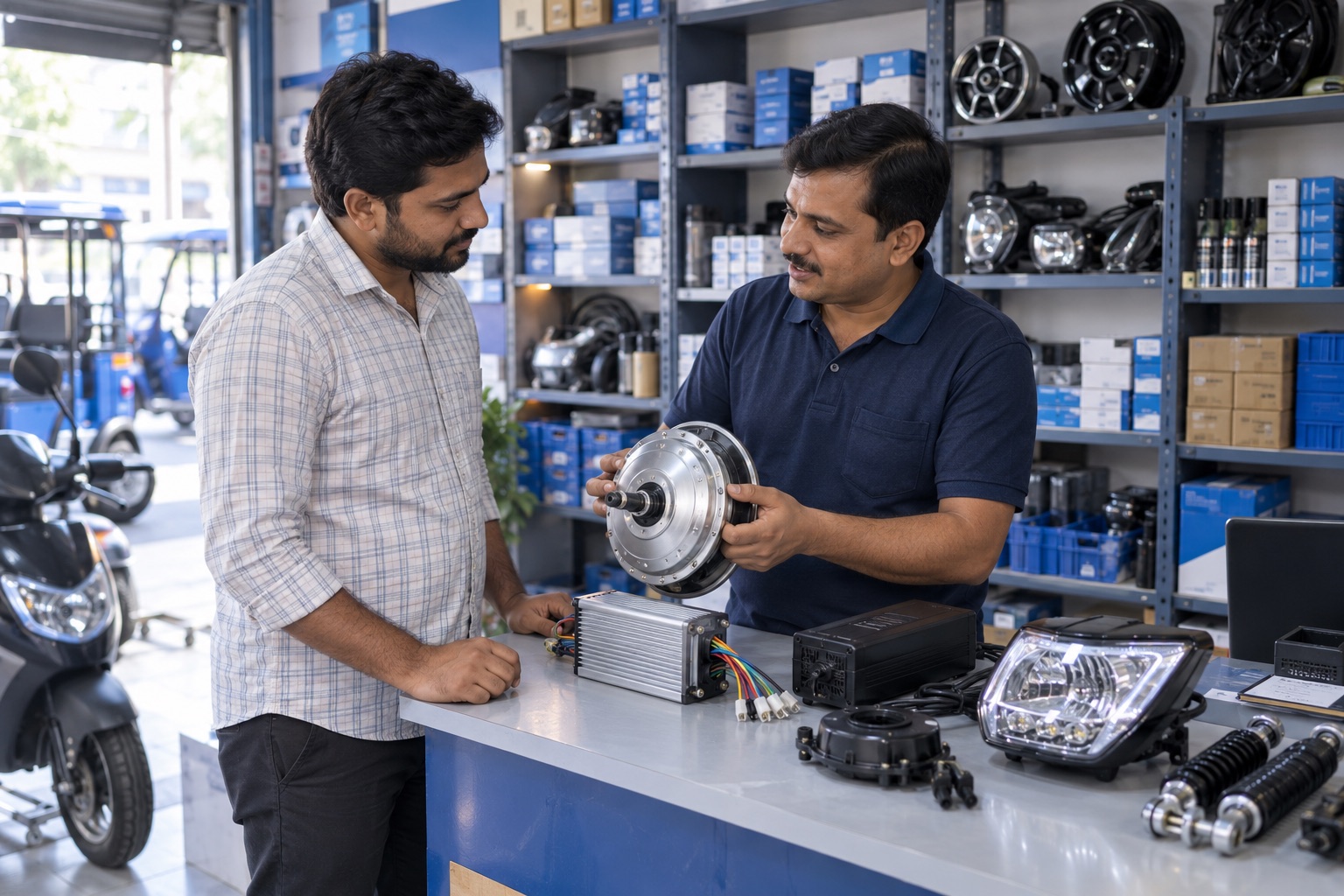 Illustration of a retailer discussing electric vehicle parts with a buyer at a spare parts counter.
